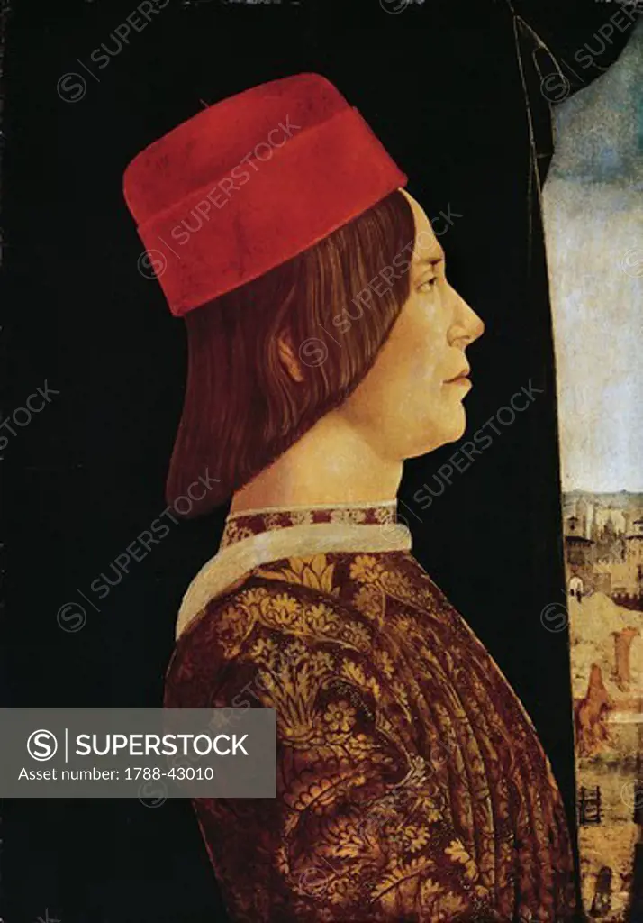 Portrait of Giovanni II Bentivoglio, left panel of the Bentivoglio-Diptych, 1475, by Ercole de ' Roberti (1455-ca 1496), oil on panel, 54x38 cm.