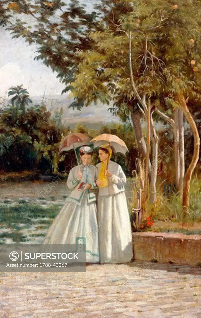 Walking in the garden, 1864-1866, by Silvestro Lega (1826-1895), oil on canvas, 35x22.5 cm.