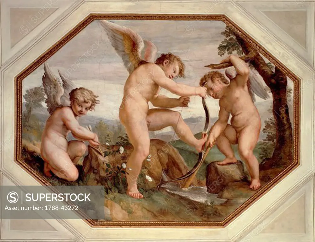 Cupids, detail from the Sala dell'Amore (of love), ca 1601, by Agostino Carracci (1557-1602), fresco on the ceiling. Ducal Palace, Parma.