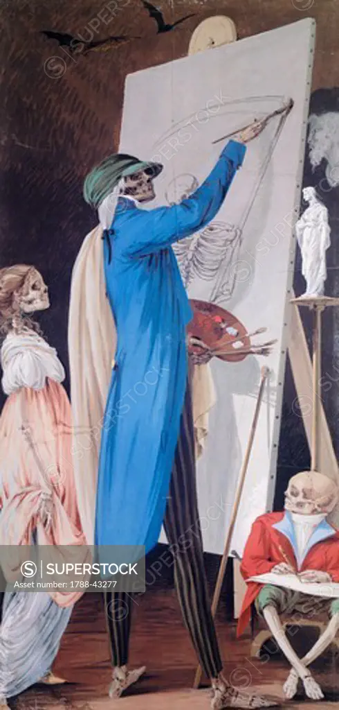 Painter and his wife with a dwarf, from the Cycle of Scenes of Living Skeletons, Paolo Vincenzo Bonomini (1757-1839), tempera on canvas. Church of Santa Grata Inter Vites, in Borgo Canale, Bergamo, Italy.