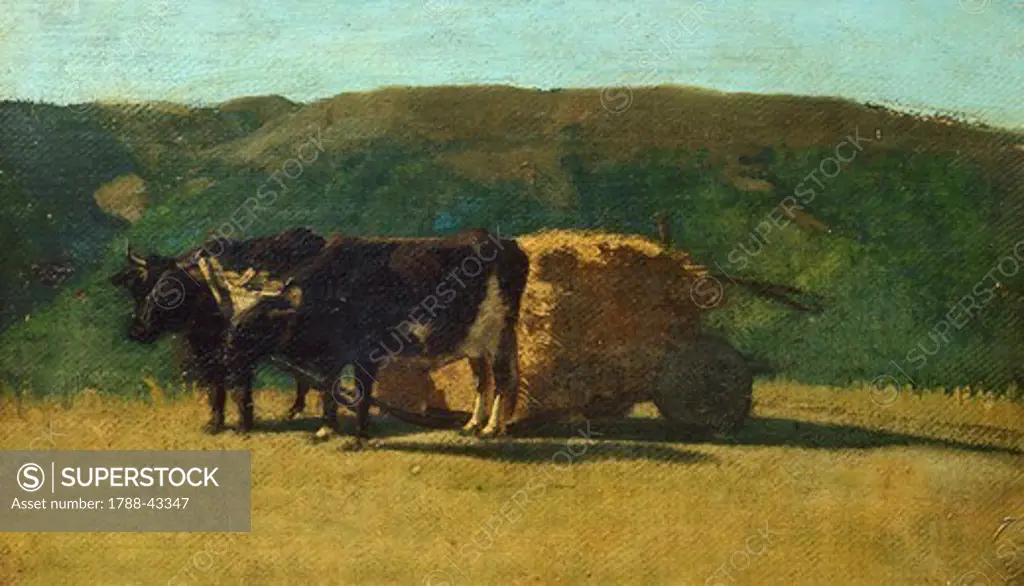 Black oxen pulling a wagon, by Raffaello Sernesi (1838-1866).