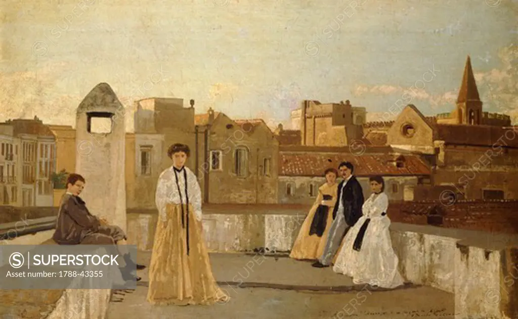 The terrace, by Edoardo Dalbono (1841-1915), oil on panel, 45x30 cm.