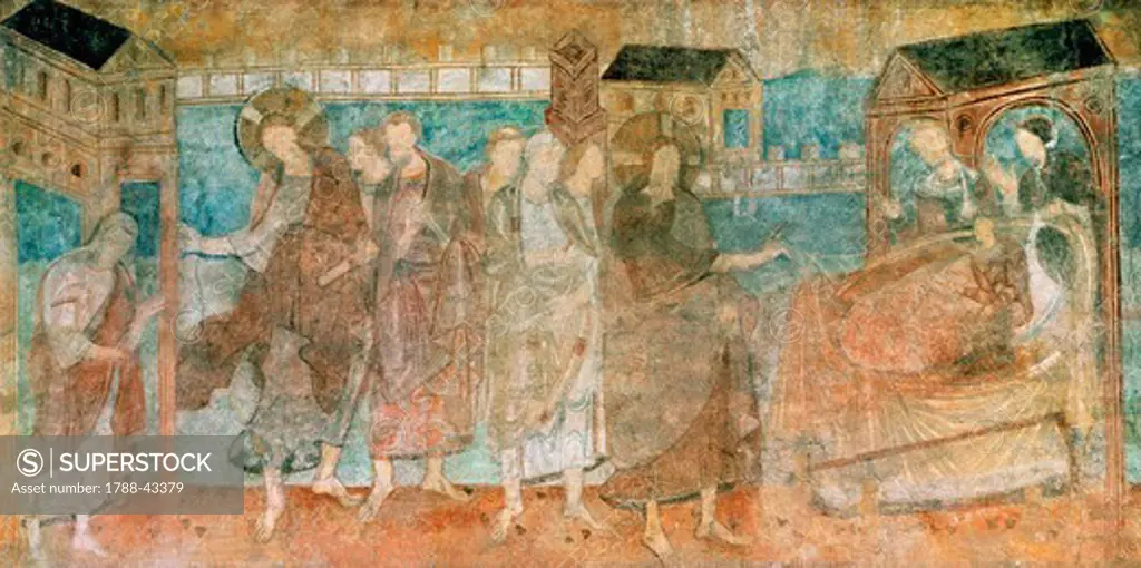 A miracle of Jesus, scene from the cycle of the Miracles of Jesus Christ, 10th-11th century fresco. St George's Church (UNESCO World Heritage, 2000), Reichenau, Germany.