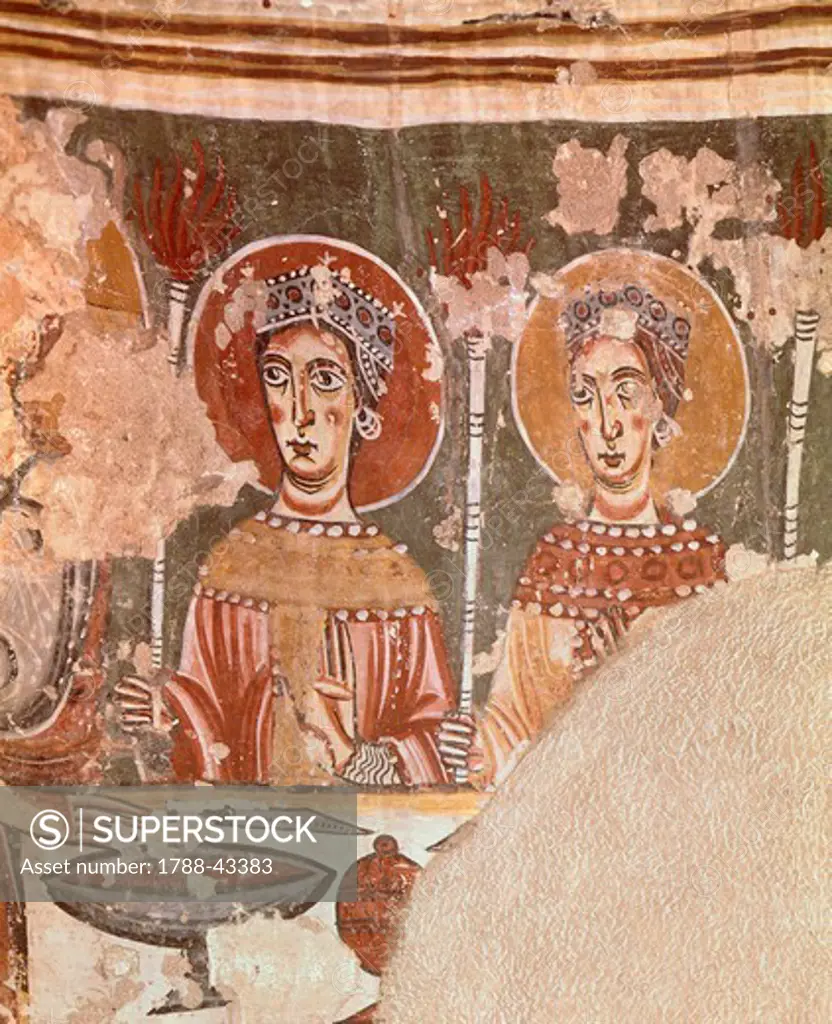 Wise virgins, work of the Master of Pedret (active late 11th or early 12th century) fresco. Detail from the apse of San Quirico de Pedret, Cercs, Spain.