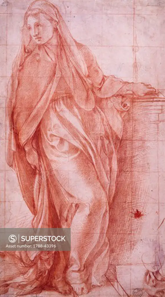 The Lady of the Annunciation, ca 1527, by Jacopo Carucci, known as The Pontormo(1494-1557), preparatory drawing for the Annunciation, a fresco in the Capponi Chapel in the church of Santa Felicita in Florence.