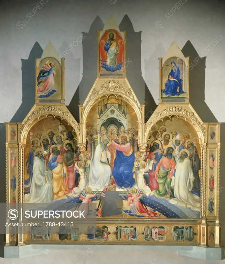 Coronation of the Virgin, 1414, by Lorenzo Monaco (ca 1370-1425), tempera on panel, 450x350 cm. Polyptych for the high altar of the Camaldolese monastery of Santa Maria degli Angeli (St Mary of the Angels), Florence.