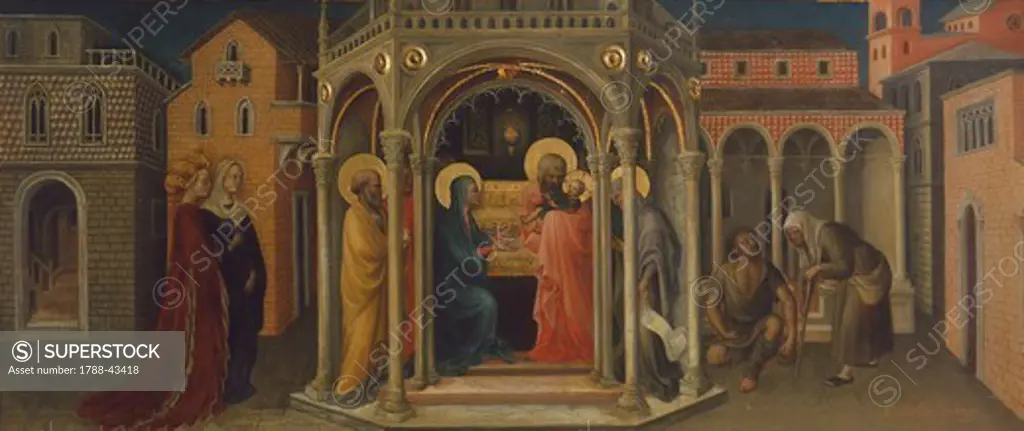 The Presentation in the Temple, detail of the predella of the Adoration of the Magi, or Strozzi Altarpiece, 1423, by Gentile da Fabriano (1370-ca 1427), tempera on wood, 203x282 cm.