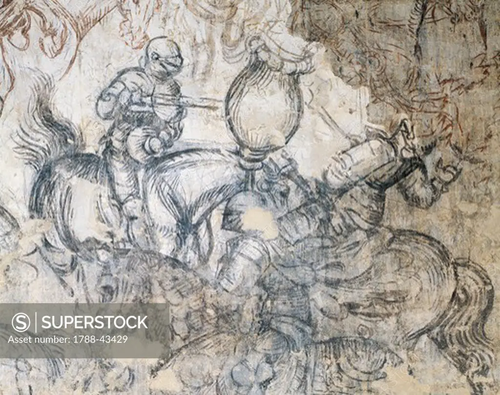 Tournament-Battle of Louvezerp, 1442-1446, by Antonio Pisano known as Pisanello (pre-1395-ca 1455), ocher fresco. Detail. Palazzo Ducale, Sala del Pisanello, Mantua.