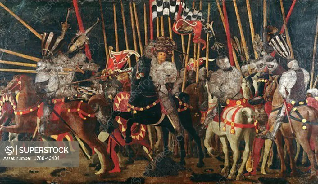 The counterattack by Micheletto Cotignola during the Battle of San Romano, 1450-1455, by Paolo Uccello (1397-1475), tempera on wood, 182x317 cm.