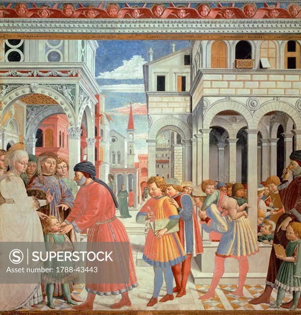 Stories of St Augustine, 1465, by Benozzo Gozzoli (1420-1497), fresco. Detail. Church of St Augustine, San Gimignano, Siena.