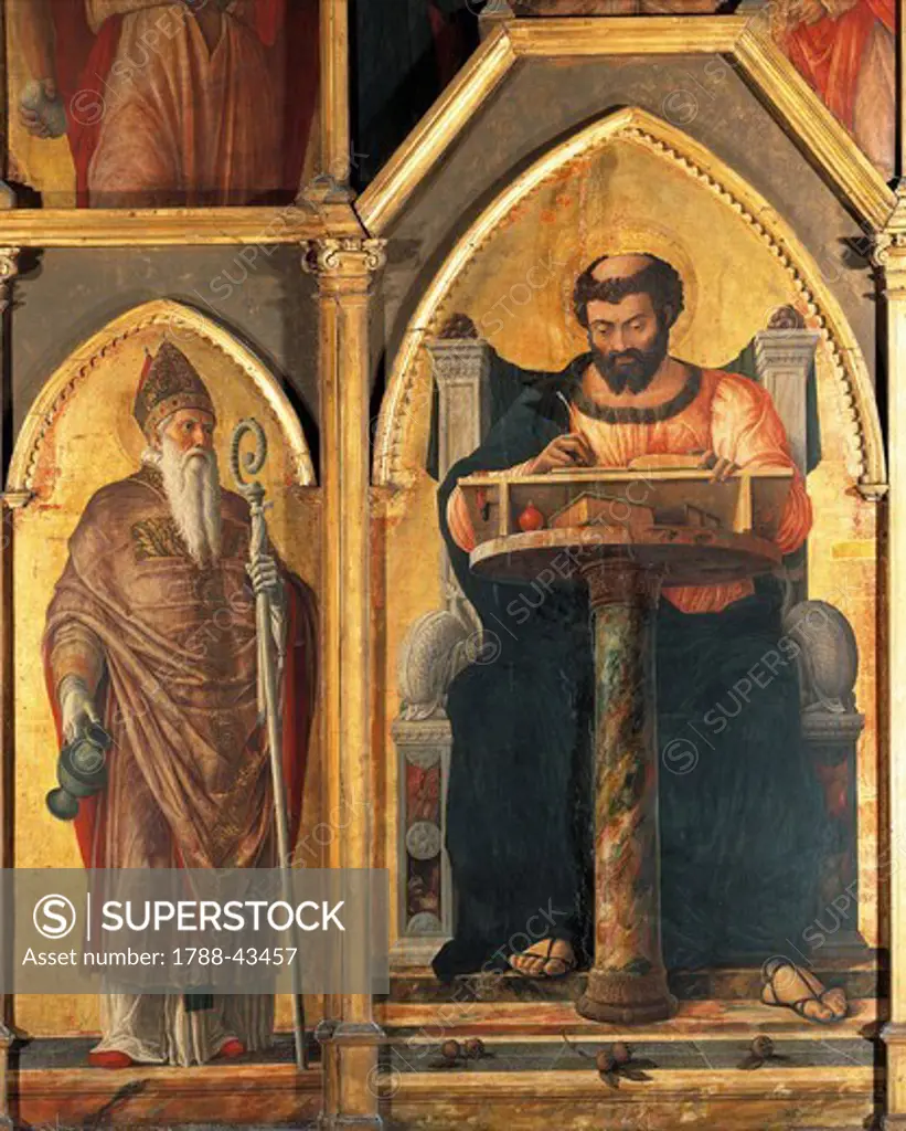St Luke at his desk and St Prosdocimus, detail from the Altarpiece of St Luke, 1453-1454, by Andrea Mantegna (1431-1506), tempera on wood, 177x230 cm.