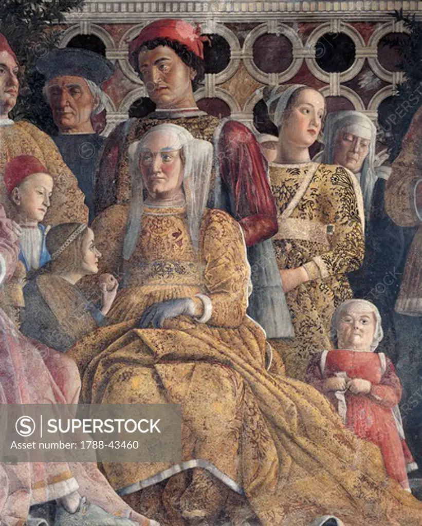 Barbara of Brandenburg with her daughter Paula and Rodolfo Gonzaga, detail from the Court Wall, 1465-1474, by Andrea Mantegna (1431-1606), fresco. San Giorgio Castle, Wedding Chamber or Camera Picta, Mantua.