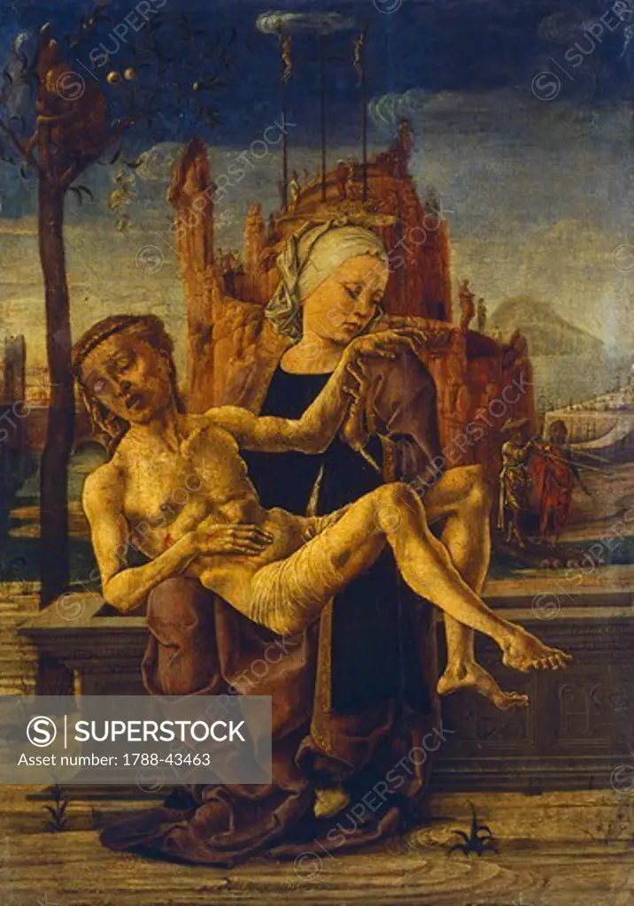 Pieta', ca 1460, by Cosme' Tura (1430-ca 1495), oil on wood, 48x33 cm.