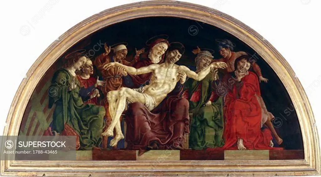 Pieta', the lunette from the Roverella altarpiece, 1470-1474, by Cosme' Tura (1430-ca 1495), tempera on wood, 133x263 cm.