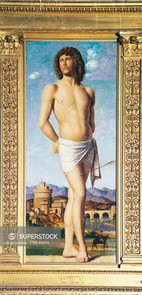 St Sebastian, ca 1502, by Giovanni Battista Cima da Conegliano (ca 1459 -1517), panel, 116.5x47 cm.