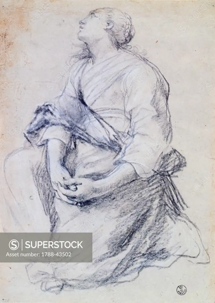 Woman kneeling, by Guido Reni (1575-1642). Drawing.