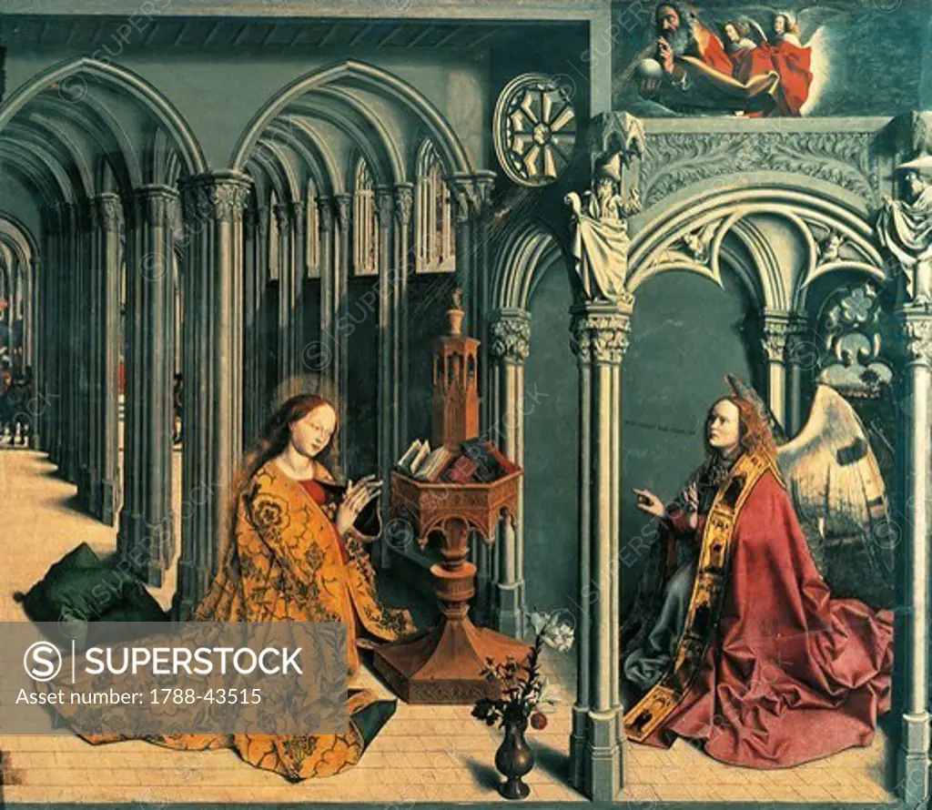 Annunciation, ca 1445, by the Master of the Annunciation of Aix (active 15th century), oil on canvas, 155x176 cm. Church of Santa Maria Maddalena, Aix-en-Provence, France.