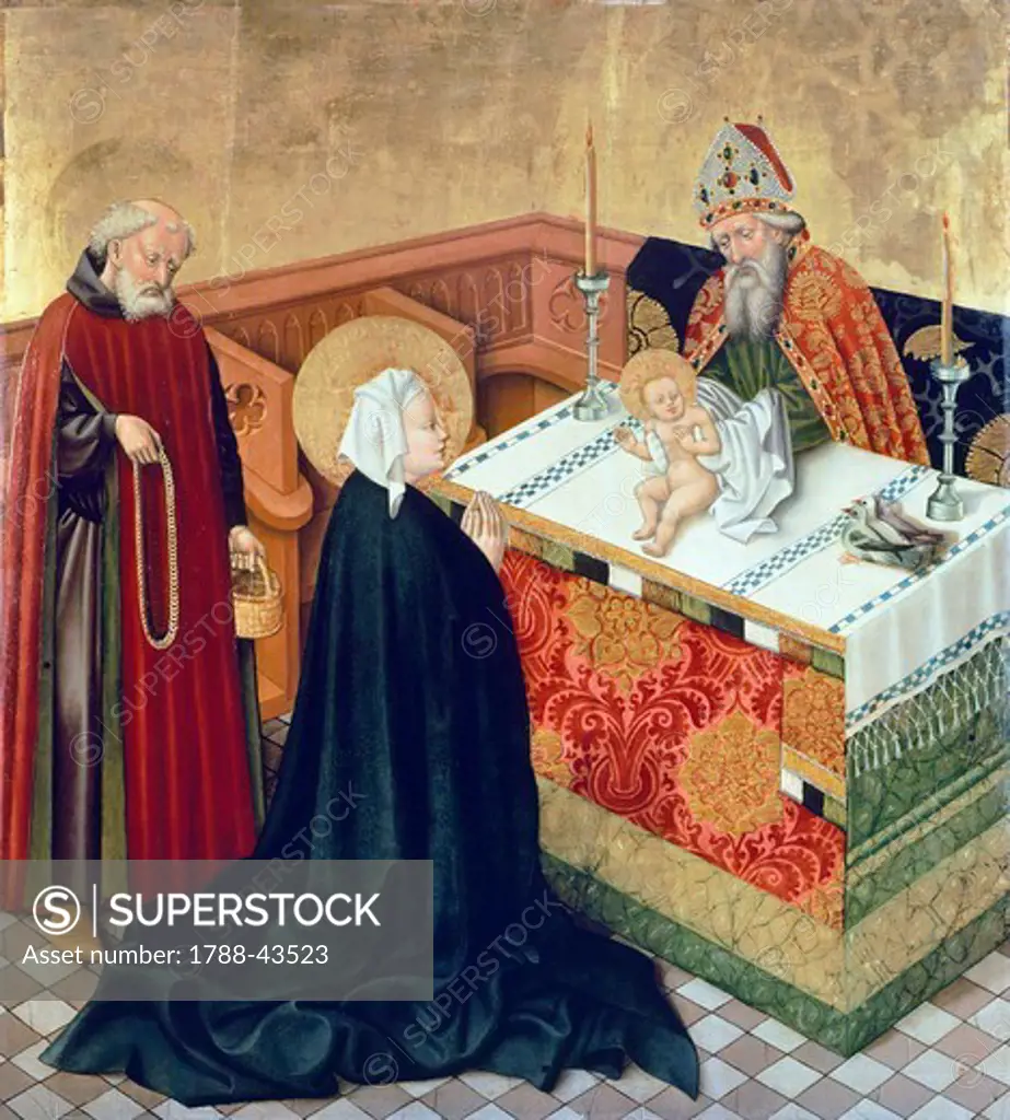 Presentation in the Temple, scene from the Life of the Virgin, side panel of King Albert's Altar, 1438-1439, by the Master of King Albert's Altar (active 1438-1440).