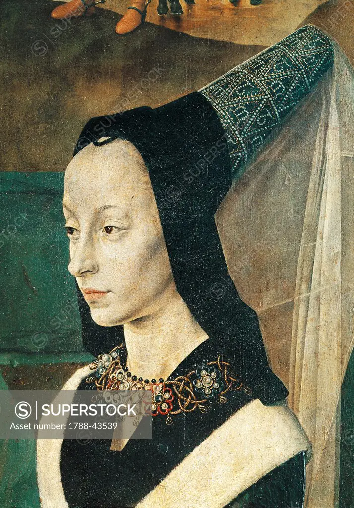 Figure of Maria Portinari, detail from the Portinari Triptych, 1480-1483, by Hugo van der Goes (1440-1482), oil on panel.