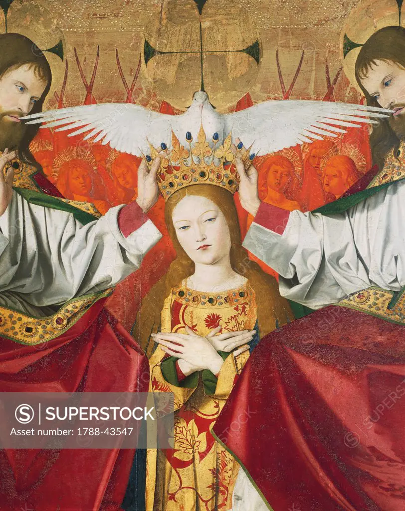 The Holy Trinity crowning the Virgin, detail from the Coronation of the Virgin, 1454, by Enguerrand Quarton (ca 1420-after 1466), tempera on panel, 183x220 cm.