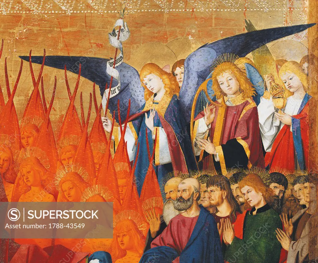 Angels and Saints, detail from the Coronation of the Virgin, 1454, by Enguerrand Quarton (ca 1420-after 1466), tempera on panel, 183x220 cm.