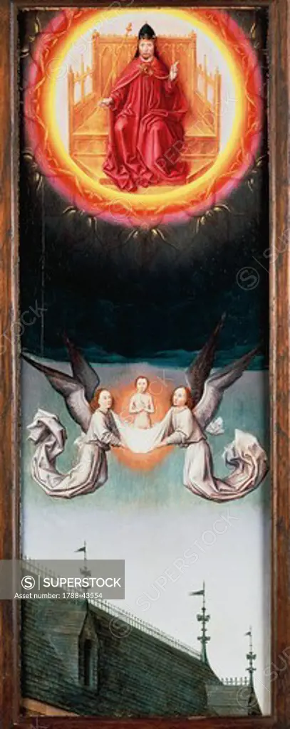 St Bertin's soul rising to heaven, a fragment of the St Bertin Altarpiece, ca 1459, by Simon Marmion (ca 1425-1489), oil on panel, 57.7x20.5 cm.