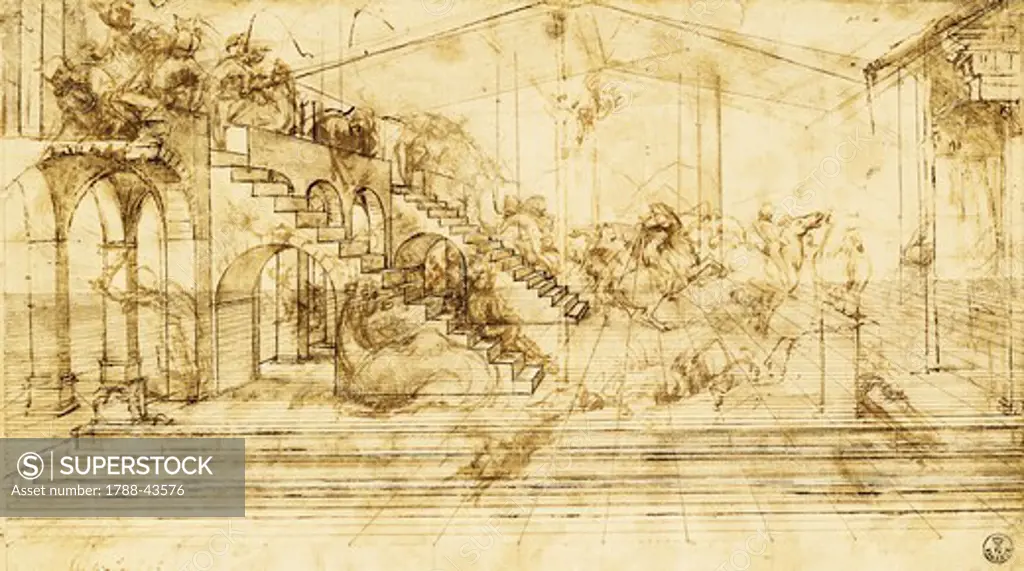 Prospective study for the Adoration of the Magi, ca 1481, by Leonardo da Vinci (1452-1519), pen and ink on paper, 16.3x29 cm.