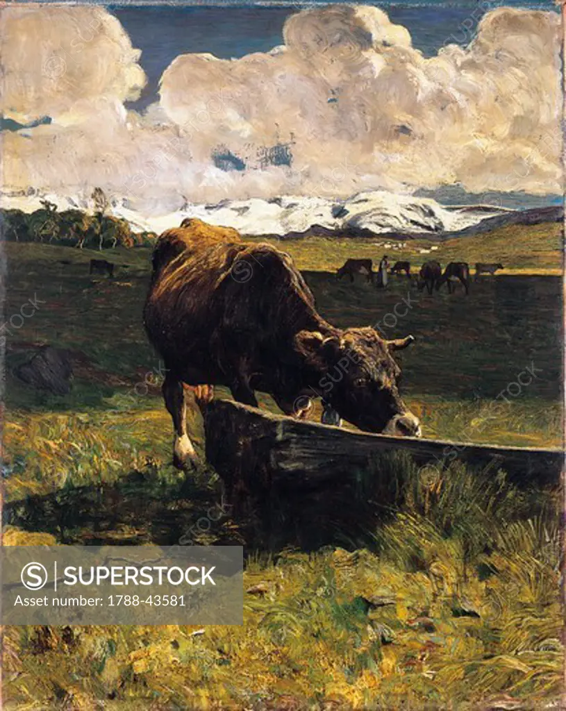Brown cow at a trough, 1887, by Giovanni Segantini (1858-1899), oil on canvas, 88x69 cm.