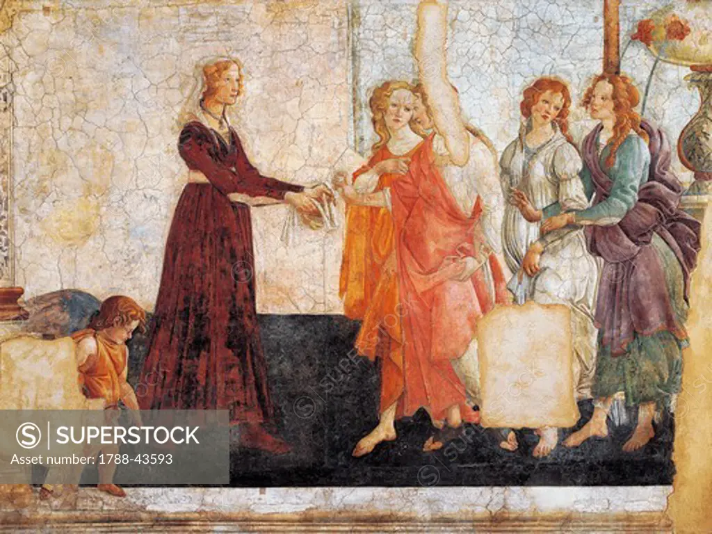 Venus and the Graces offering gifts to a girl, 1480-83, by Sandro Botticelli (1445-1510), fresco. Villa Lemmi, Florence.