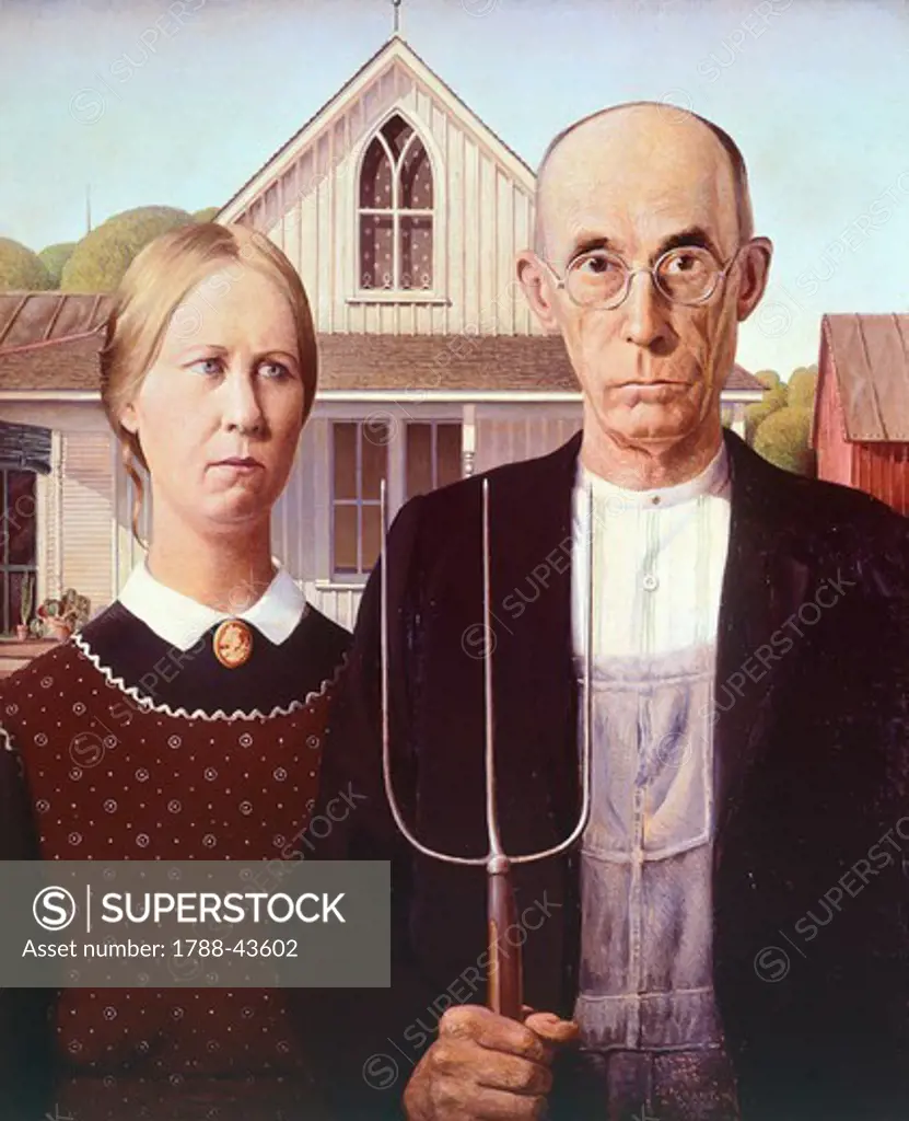 American Gothic, 1930, by Grant Wood (1891-1942), oil on panel, 78x65 cm.