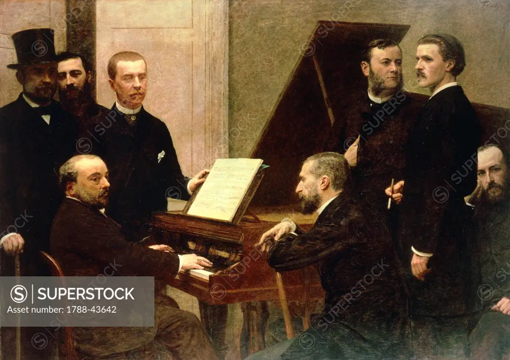 Around the piano, 1885, by Henri Fantin-Latour (1836-1904), oil on canvas, 160x222 cm.
