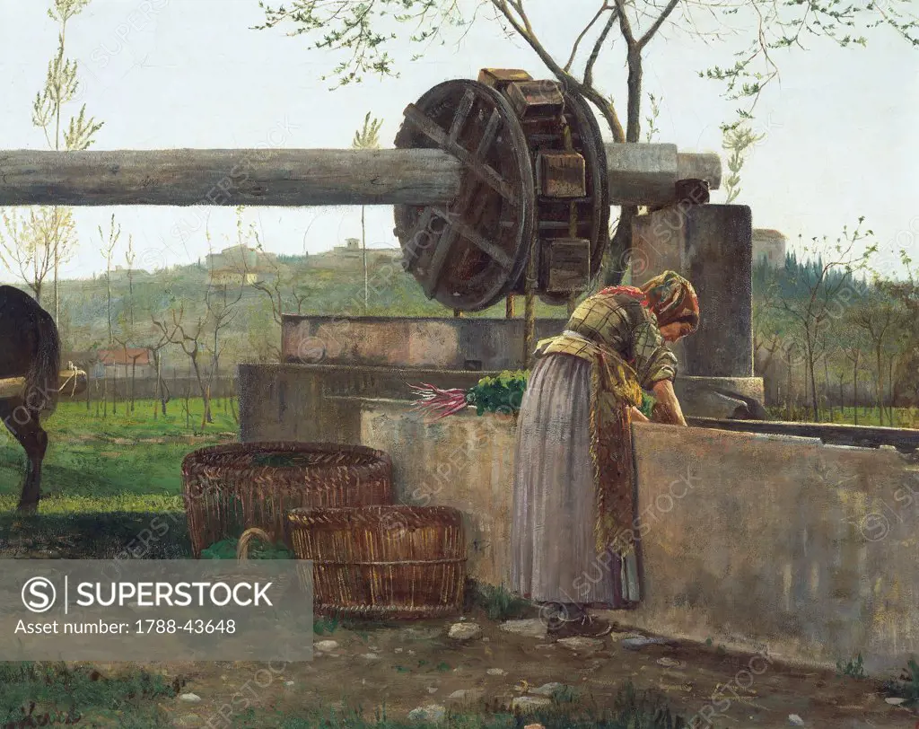 The pumping machine, 1863, by Silvestro Lega (1826-1895), oil on canvas, 44.5x78.2cm. Detail.