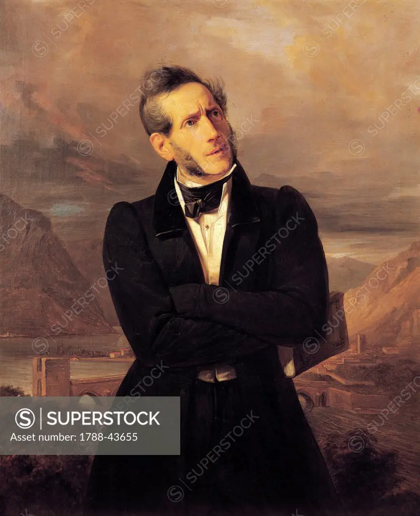Portrait of Alessandro Manzoni with views of Lecco, 1835, painting by Giuseppe Molteni (1800-1867), landscape painted by Massimo d'Azeglio (1798-1866), oil on canvas, 100x76 cm.