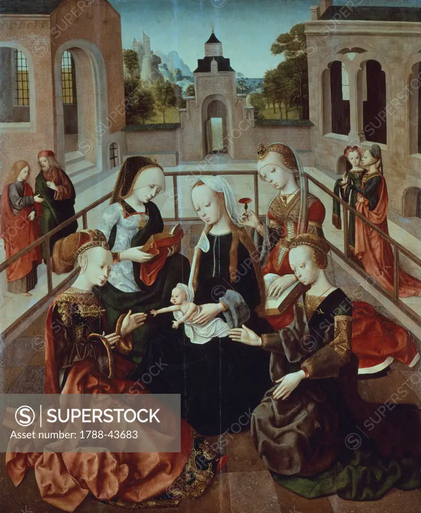 Mary speaking with Saints Catherine, Cecilia, Barbara and Ursula, ca 1495, by The Master of the Virgo inter Virgines (Virgin among the virgins)(active 1483-1498), oil on canvas, 123.1 X101.1cm.