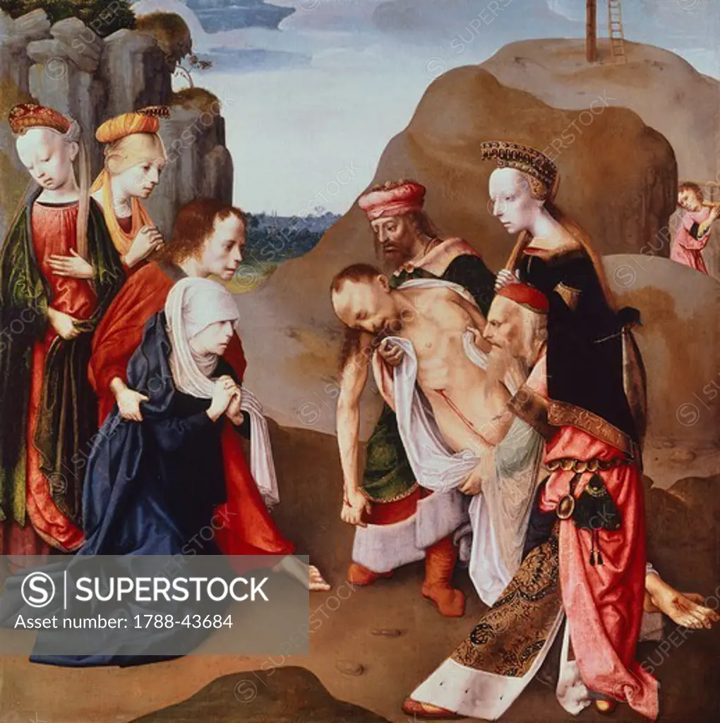 Lamentation over the Dead Christ, 1486-1487, by The Master of the Virgo inter Virgines (Virgin among the virgins) (active 1483-1498), board, 55x56 cm.