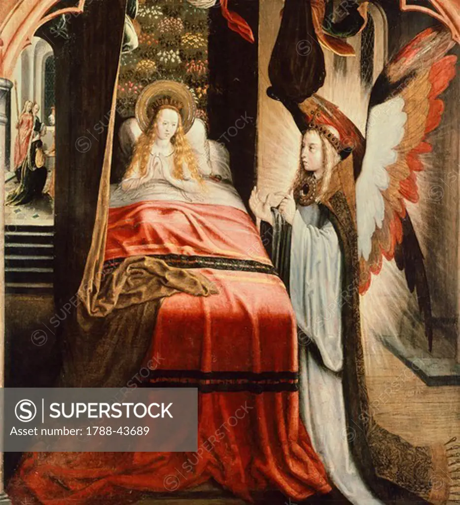 The apparition of the angel, scene from the St Ursula Cycle, 1500, by the Master of the Legend of St Ursula (active ca 1485-1515), canvas, 123x114 cm.