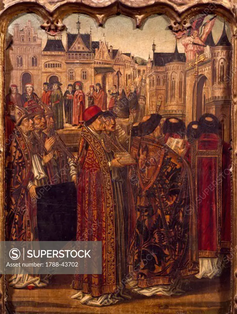 Procession in front of a cathedral, by Miguel Ximenez (active ca 1466-died 1505).