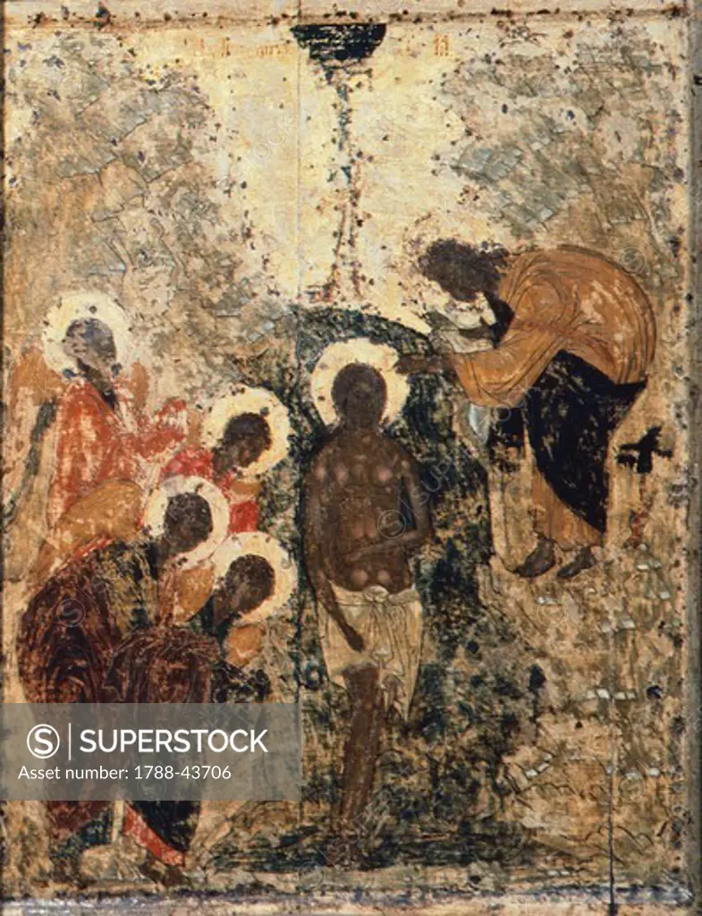 Baptism of Christ, by Andrei Rublev or Andrej Rubljov (1360-1430), 1405, Icon, Cathedral of the Annunciation, Moscow.