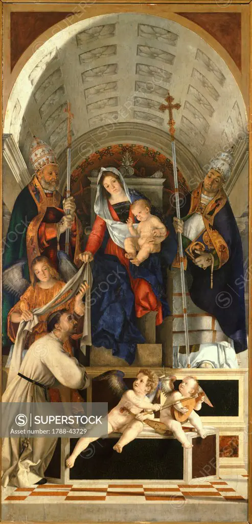 Madonna with Child and Saints Dominic, Gregory and Urban, the main table of the San Domenico Altarpiece from Recanati, 1598, by Lorenzo Lotto (1480 ca- 1556), oil on canvas, 227x108 cm.