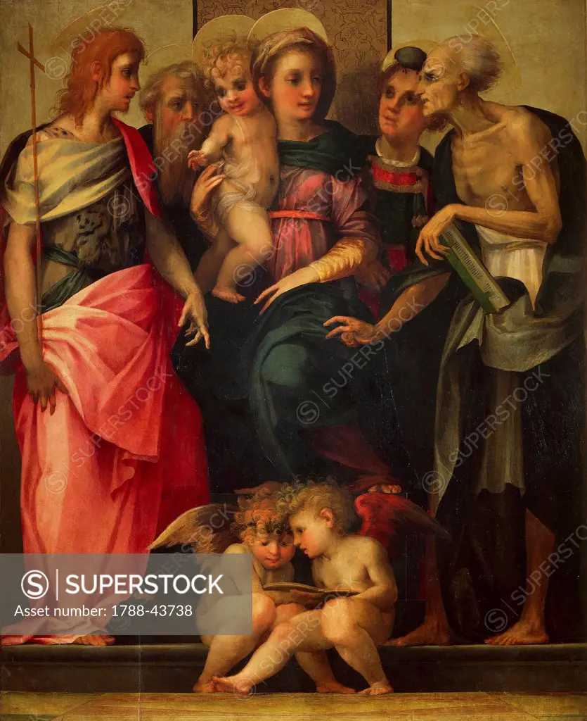 Virgin and Child between St John the Baptist, St Antony Abbot, St Stephen and St Jerome, ca 1518, by Rosso Fiorentino (1494-1540), oil on canvas, 112x141 cm.