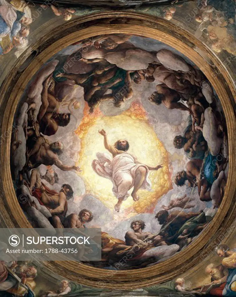 Vision of St John the Evangelist on Patmos, the Ascension of Christ among the Apostles, or Christ in Glory, 1520-1523 by Antonio Allegri, known as Correggio (1489-ca 1534), fresco, 966x888 cm diameter at the base. Church of St John the Evangelist, dome, Parma.