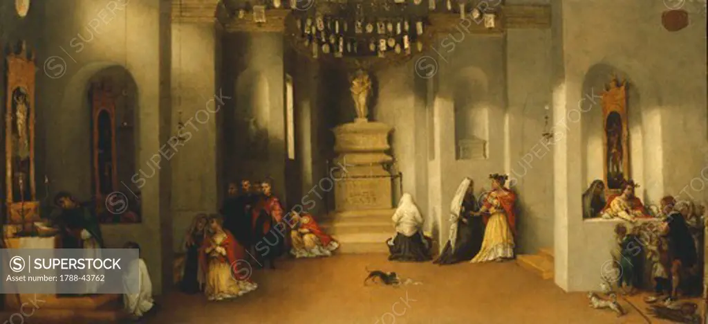 The calling of Saint Lucia, the first panel of the predella of the Altarpiece of Saint Lucia or Saint Lucia Before The Judge, 1532, by Lorenzo Lotto (1480 ca- 1556), oil on panel, 32x69 cm.