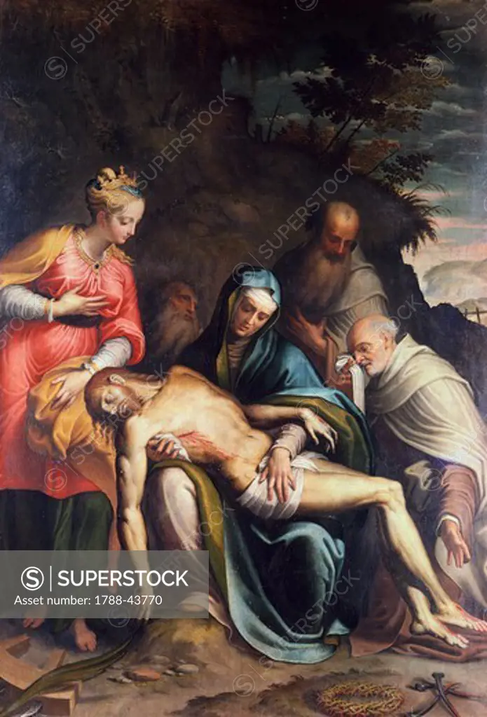 Pieta or Deposition of Christ with Saint Catherine of Alexandria and three prophets, 1574, by Bernardino Campi (1522-1591). Oil on canvas, 235x165 cm.