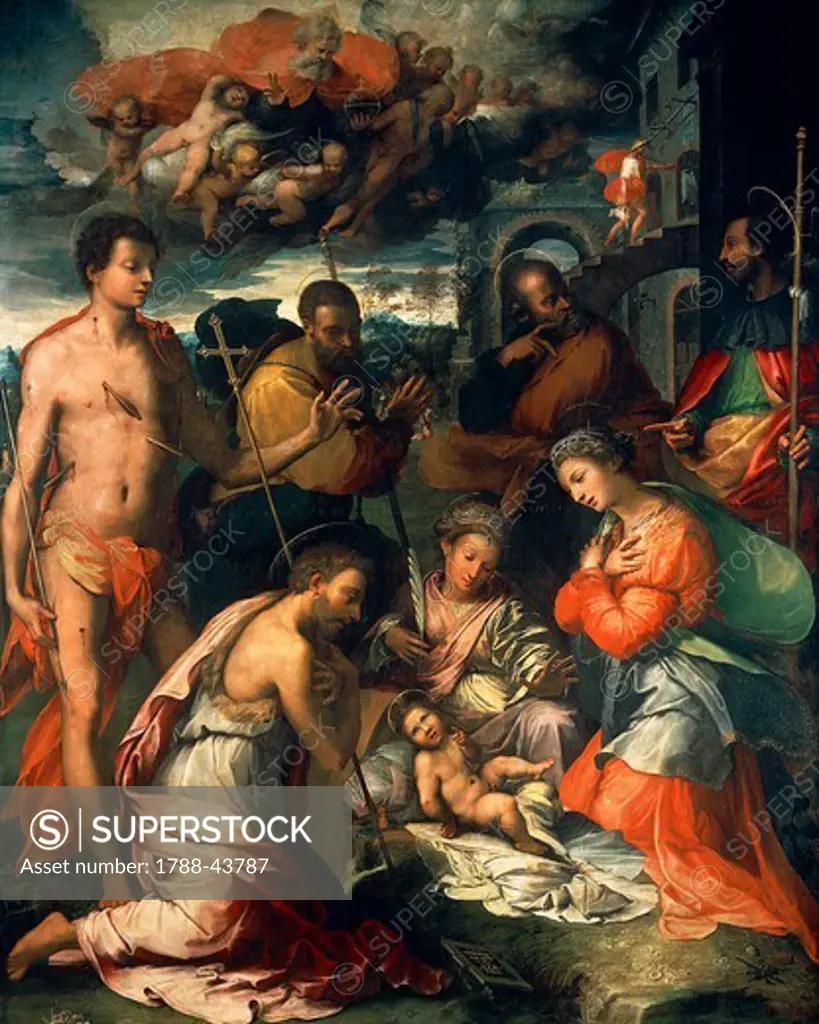 Basadonne Altarpiece or Nativity with St Catherine of Alexandria, St John the Baptist, St Rocco, St Joseph, St James Major and St Sebastian, 1534, by Perino del Vaga (1501-1547), oil on canvas.