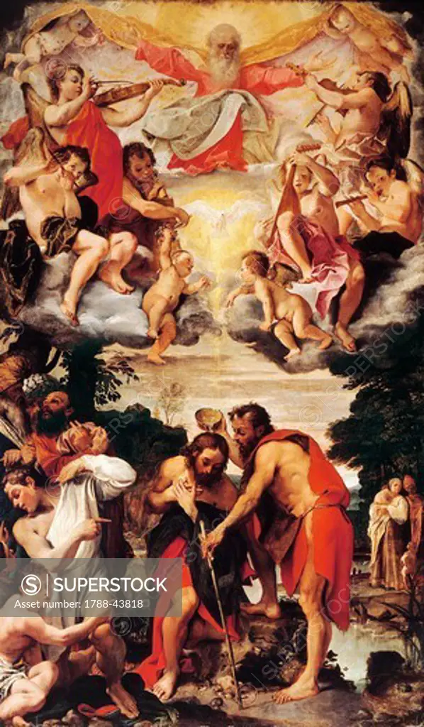 Baptism of Christ, 1585, by Annibale Carracci (1560-1609), oil on canvas. Church of San Gregorio and San Siro, Bologna.