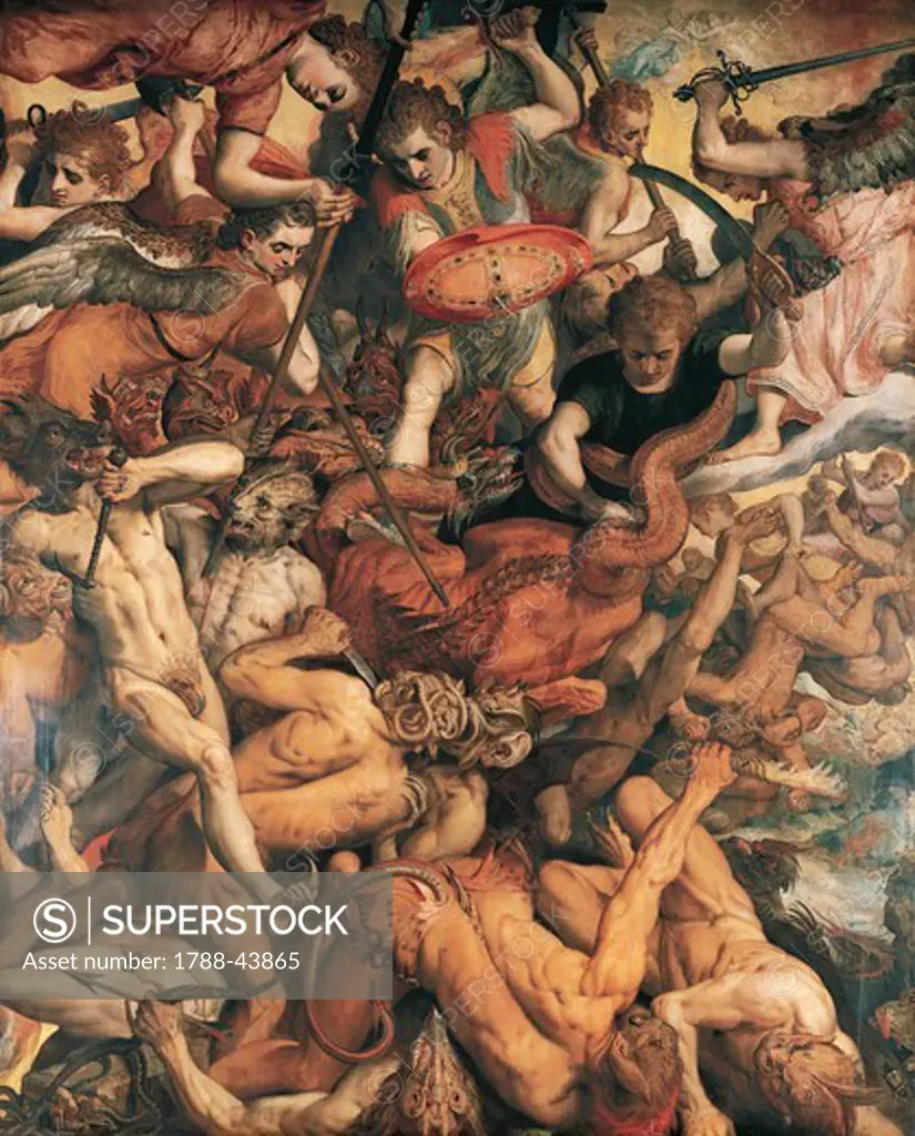 The fall of the rebel angels, 1554, by Frans Floris the Elder (ca 1519-1570), oil on panel, 303x220 cm.
