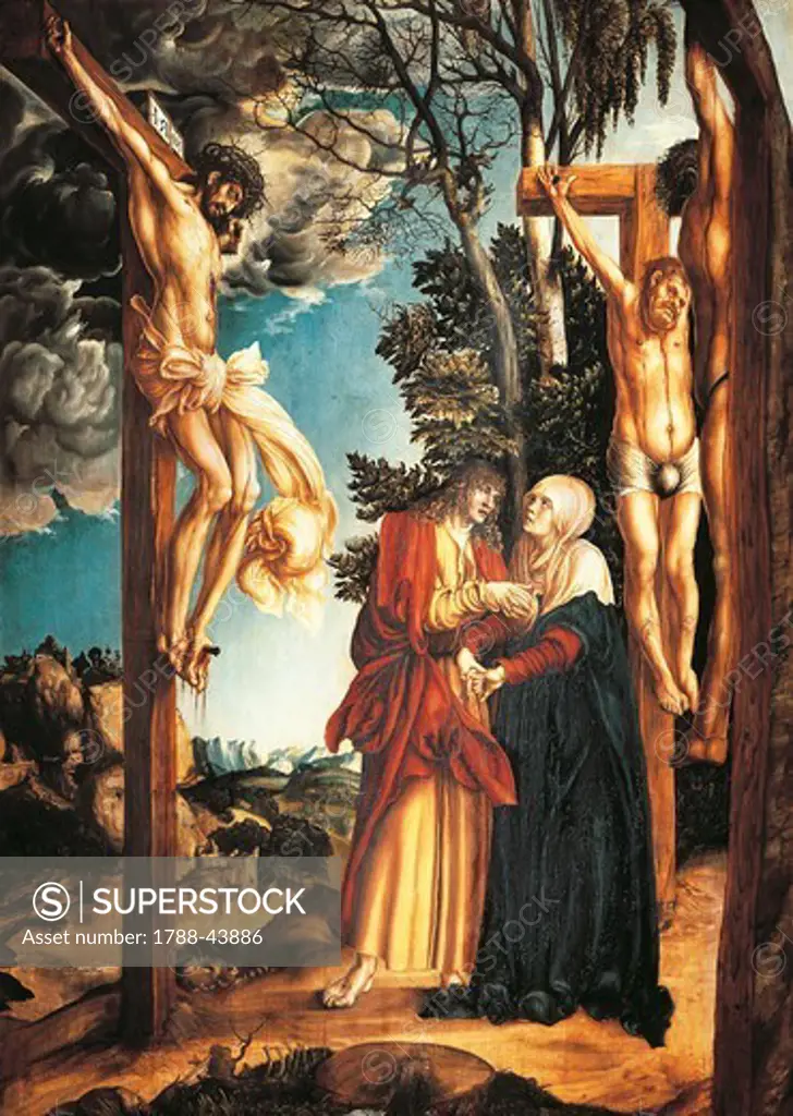 The crucifixion, 1503, by Lucas Cranach the Elder (1472-1553), oil on panel, 99x138 cm.