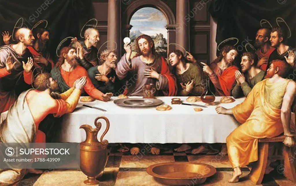 The last Supper, 1560-1570, by Juan de Juanes (ca 1510-1579), panel, 116x191 cm.