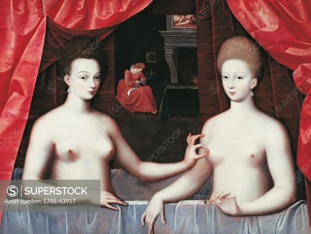 Alleged portrait of Gabrielle d'Estrees and her sister the Duchess of Villars, 1594, by an unknown artist from the Fontainebleau school, oil on panel, 96x125 cm.