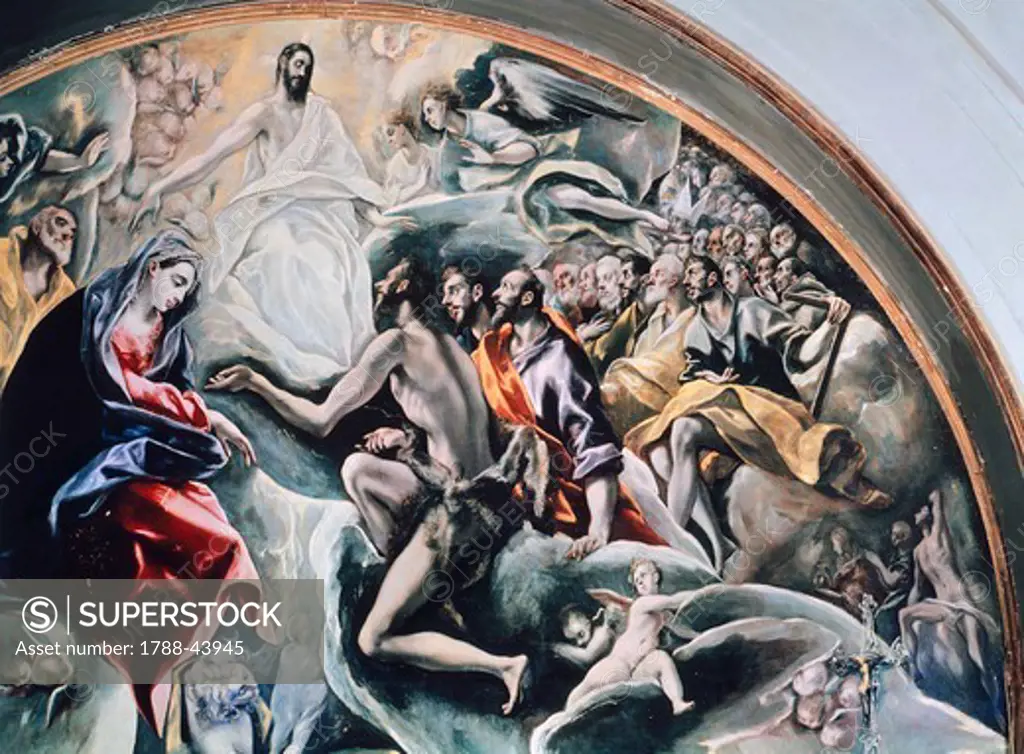 Angels and saints, detail from the Burial of Count Orgaz, 1586-1588, by El Greco (1541-1614), oil on canvas, 430x360 cm.